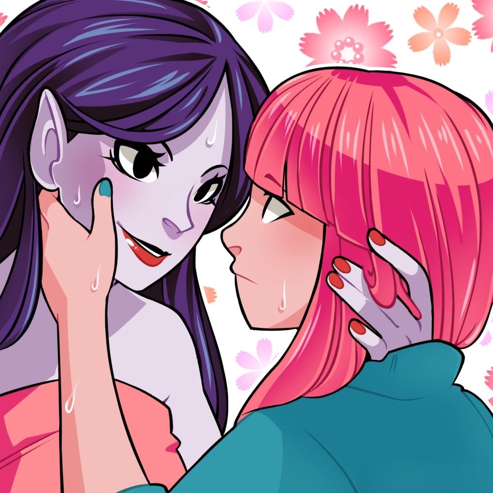 Shipping illustration of Marceline and PB from Adventure Time, dressed in bath towels, cupping each other's faces and looking into each other's eyes.