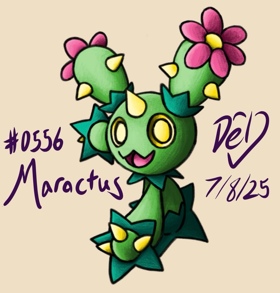 A digital drawing of the Pokémon Maractus. It is drawn with a colored pencil style, and it is posed swinging its arms out, viewed from above and slightly behind.
From Bulbapedia: "Maractus is a cactus-like Pokémon, with a pair of large ear-like extensions emerging from its head, reminiscent of cactus arms. These extensions feature dark green spiky arrangements at the base, yellow spikes midway up, and are topped with flowers composed of six pink petals and a yellow center. It has a yellow spike on its forehead, yellow eyes, and a spiky-looking mouth. It has two lobe-like arms resembling those of cacti, and its hands each feature three yellow spines serving as fingers. Other dark green spiky arrangements adorn its neck, wrists, and the base of its body where the green spikes are arranged in a five-pointed star."