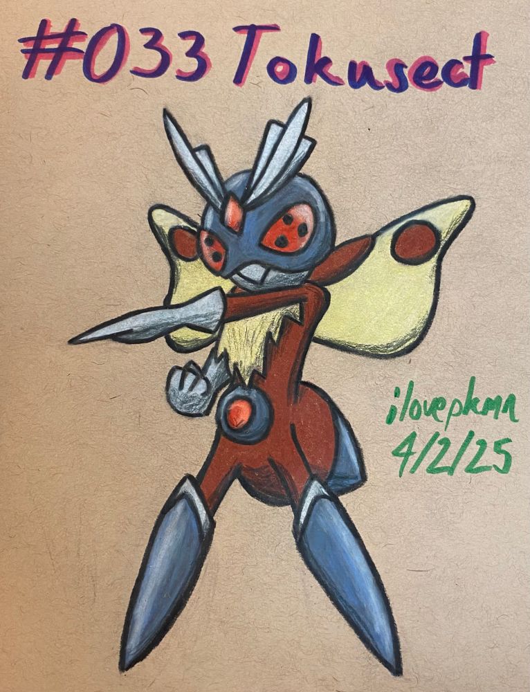 A colored pencil drawing the monster Tokusect from Cassette Beasts, striking a tokusatsu/sentai-inspired pose.