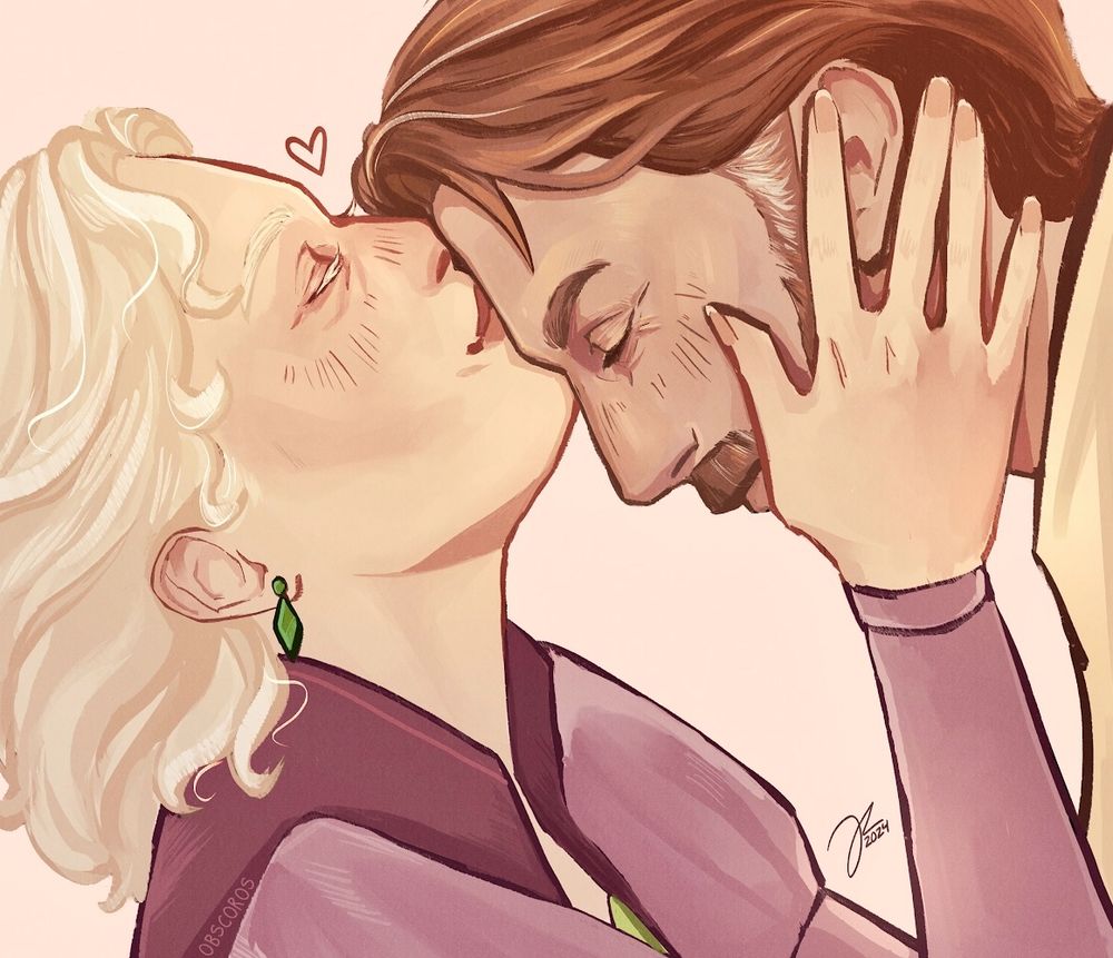 Digital drawing of Satine Kryze and Obi-Wan Kenobi from Star Wars the Clone Wars. Closeup of Satine, dressed in pink, giving Obi-Wan a gentle kiss to his forehead and cradling his face. Both of their eyes are closed. Obi-Wan’s hair is ginger and greying at his temples. Satine’s is extremely platinum blonde with matching pale eyelashes.