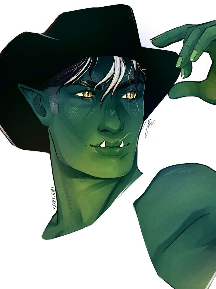 Digital drawing of Fjord from Critical Role. As a half-orc, his skin is green and slightly paler at his jaw and neck. He has two small tusks protruding from underneath his lip. His hair is black with white strands on his forehead. He’s implied to be wearing a white tank top that fades in with the background, and he’s holding the brim of a black cowboy hat on his head. His eyes are yellow with slitted pupils and there are thin scars on his face.