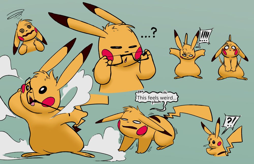 Multiple pictures of the same pikachu post-transformation. They are looking and feeling out their new body in different ways throughout the multiple poses.