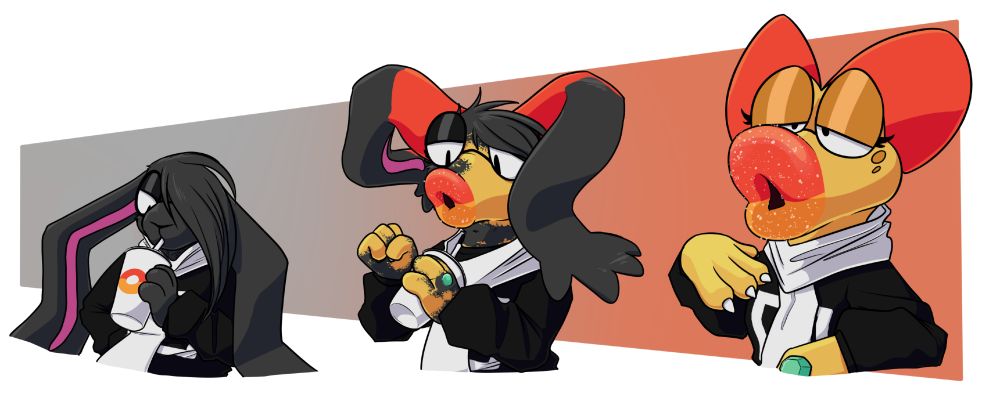 A 3 Panel sequence going left to right of a dark grey rabbit with a scarf and black sweater drinking a soda with a peach ring on printed on it and transforming into a peach-colored birdo from the Mario series with a peach ring candy mouth