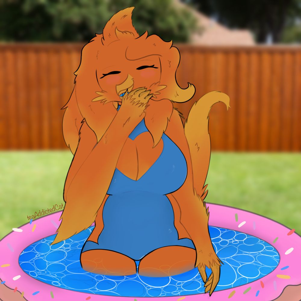 a big bird lady inside a donut kitty pool in the back yard 