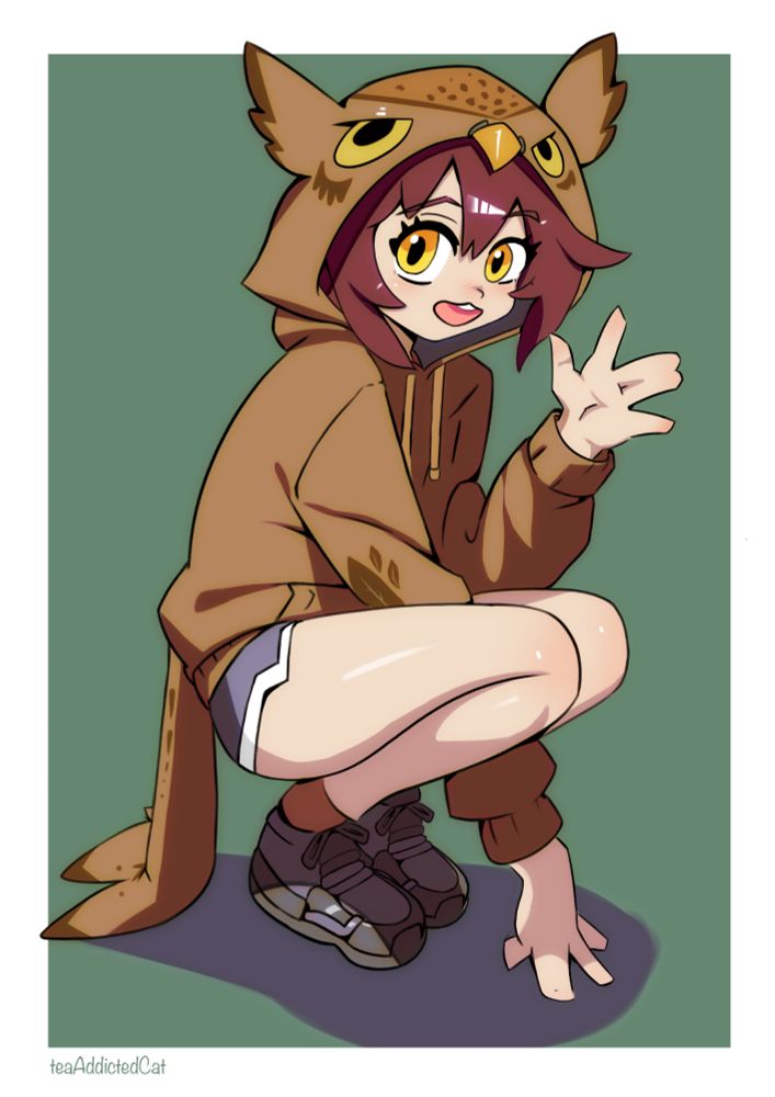 girl wearing and owl hoodie in a squatting pose. based on draw along by @LinesSensei on youtube