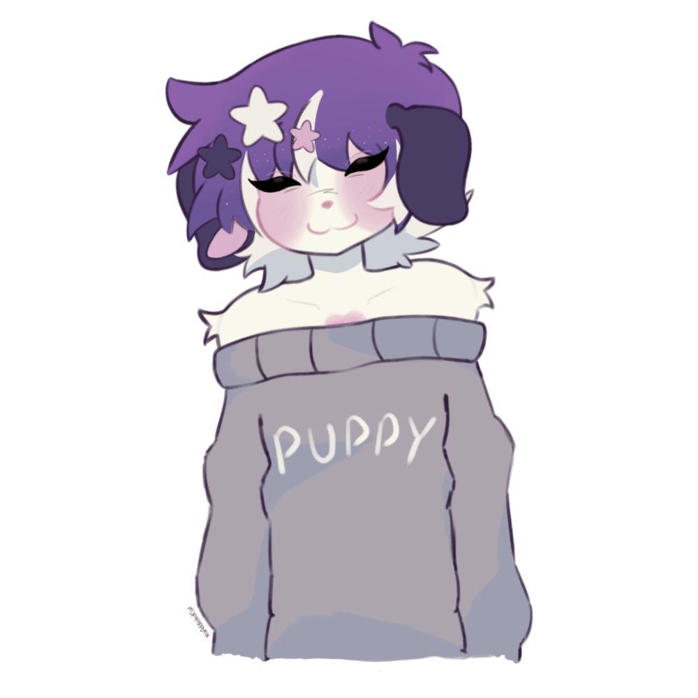 a half body of a furry dog with purple hair wearing a grey sweater with "puppy" on it