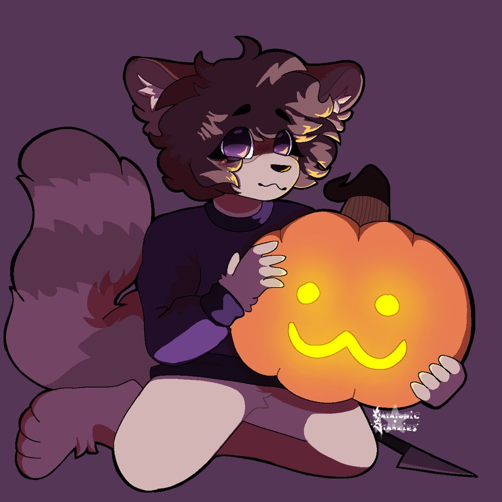 tanuki furry girl siting on the ground with a pumkin doing a ':3' face 