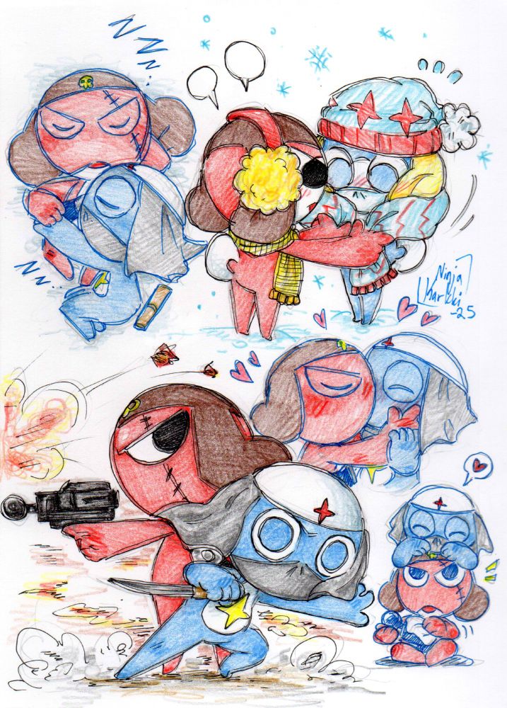 bunch of colored doodles of Giroro and Dororo. In one they're snuggled together sleeping. In another one they're kids and Giroro is wrapping a scarf around Zeroro. In one they're just being dorks, while in another one they're kissing. There's also a bigger piece of them fighting together!