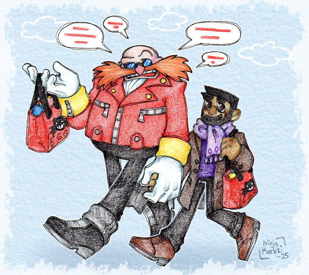 Game Eggman and Stone on a walk together while holding hands. Both arr holding a tote bag full on stuff. Eggman is chatting about something while Stone looks at him softly.
Eggman is also sporting his Sonic Riders outfit, without the helmet though!