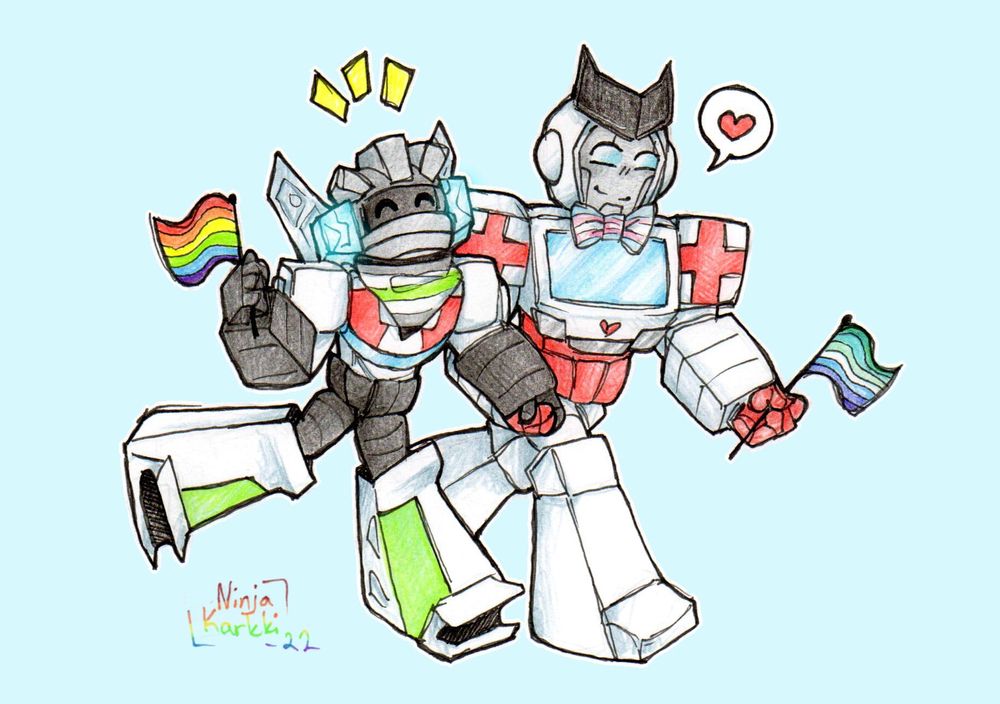 Traditional work of Wheeljack and Ratchet walking hand in hand. Wheeljack is wearing a Agender colored scarf and is holding a rainbow flag on his free hand. Ratchet is wearing a Trans colored bow tie and is holding the gay flag on his free hand! 