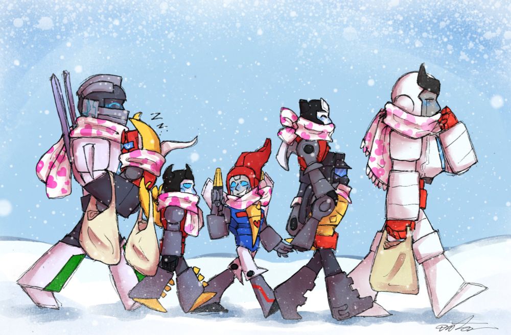 Wheeljack, Ratchet and the dinobots on a stroll in a snowy weather! The dinobots are sized smaller, like little kids. Everyone is wearing a matching white scarf with heart print on it 🩷
