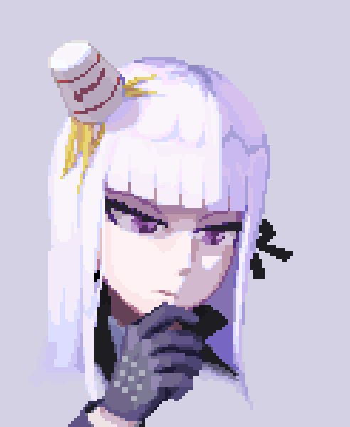 Kyoko Kirigiri from Danganronpa, a girl with white long hair and violet eyes, she is making a thinking expression while with a cup noodles over her head.