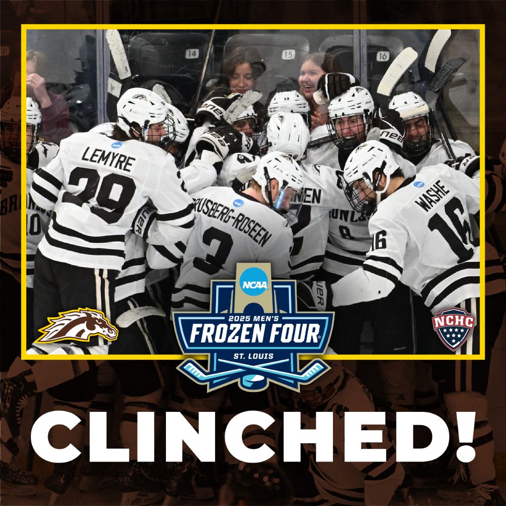 Frozen Four CLINCHED! with picture of Western Michigan celebrating 