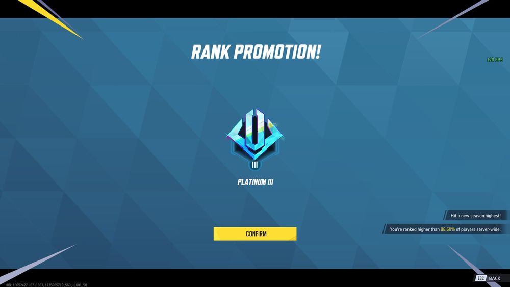 Marvel Rivals rank promotion screen. Ranked to Platinum 3