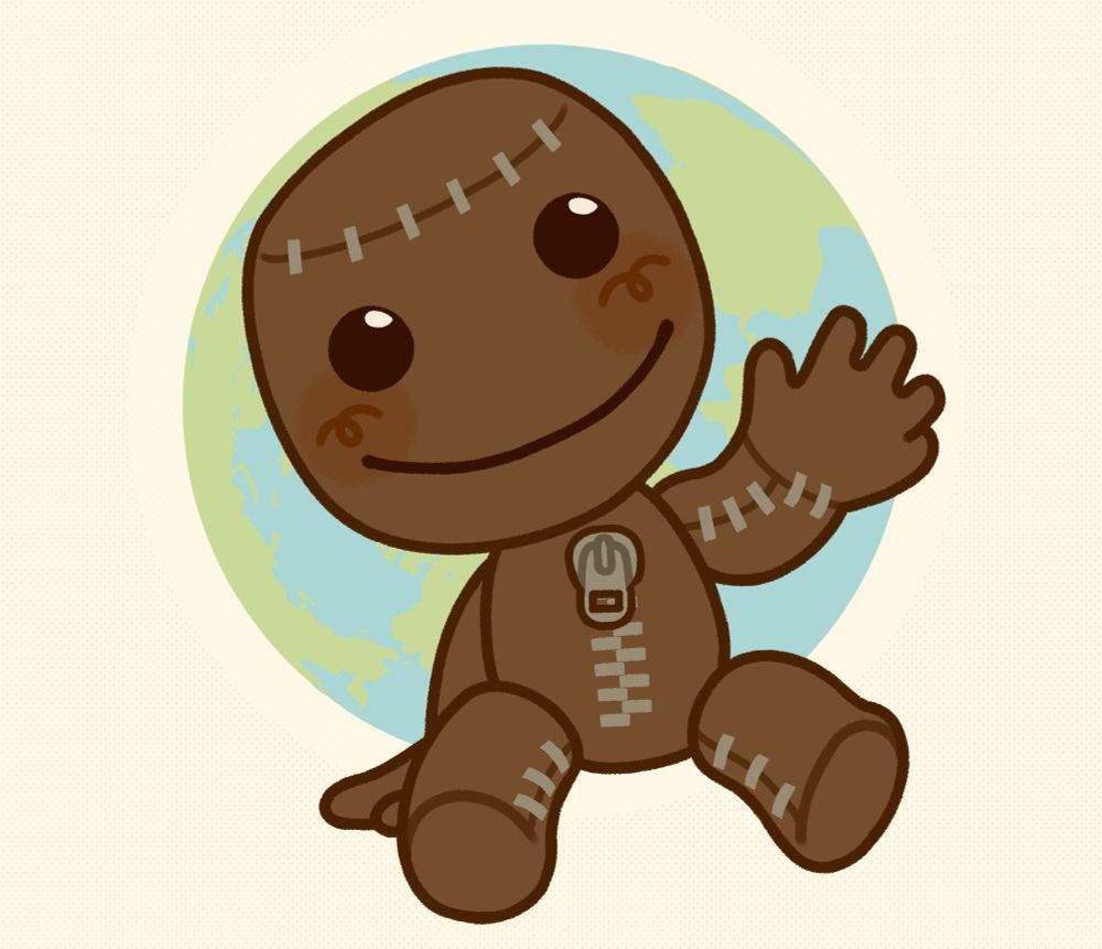 art of sackboy sitting with a planet behind him, he's waving.