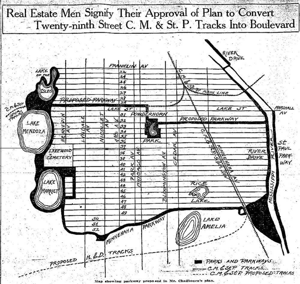 Newspaper clipping with the headline 'Real Estate Men Signify Their Approval of Plan to Convert Twenty-ninth Street C.M. & St. P. Tracks Into Boulevard.' Below the headline is a map showing a mockup of a parkway in place of the tracks to Powerderhorn Park, and from the park to the Mississippi River. The H.&D. tracks are proposed to move south of the city.