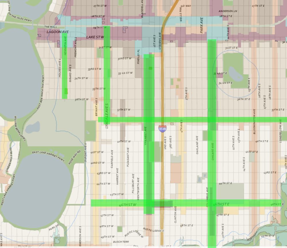 A map of south Minneapolis with Hennepin Ave, Lyndale Ave, Nicollet Ave, and Chicago ave running north-south highlighted in green. 38th Street and 46th Street are also highlighted in green, making roughly 7 by 7 block grids on the map. 