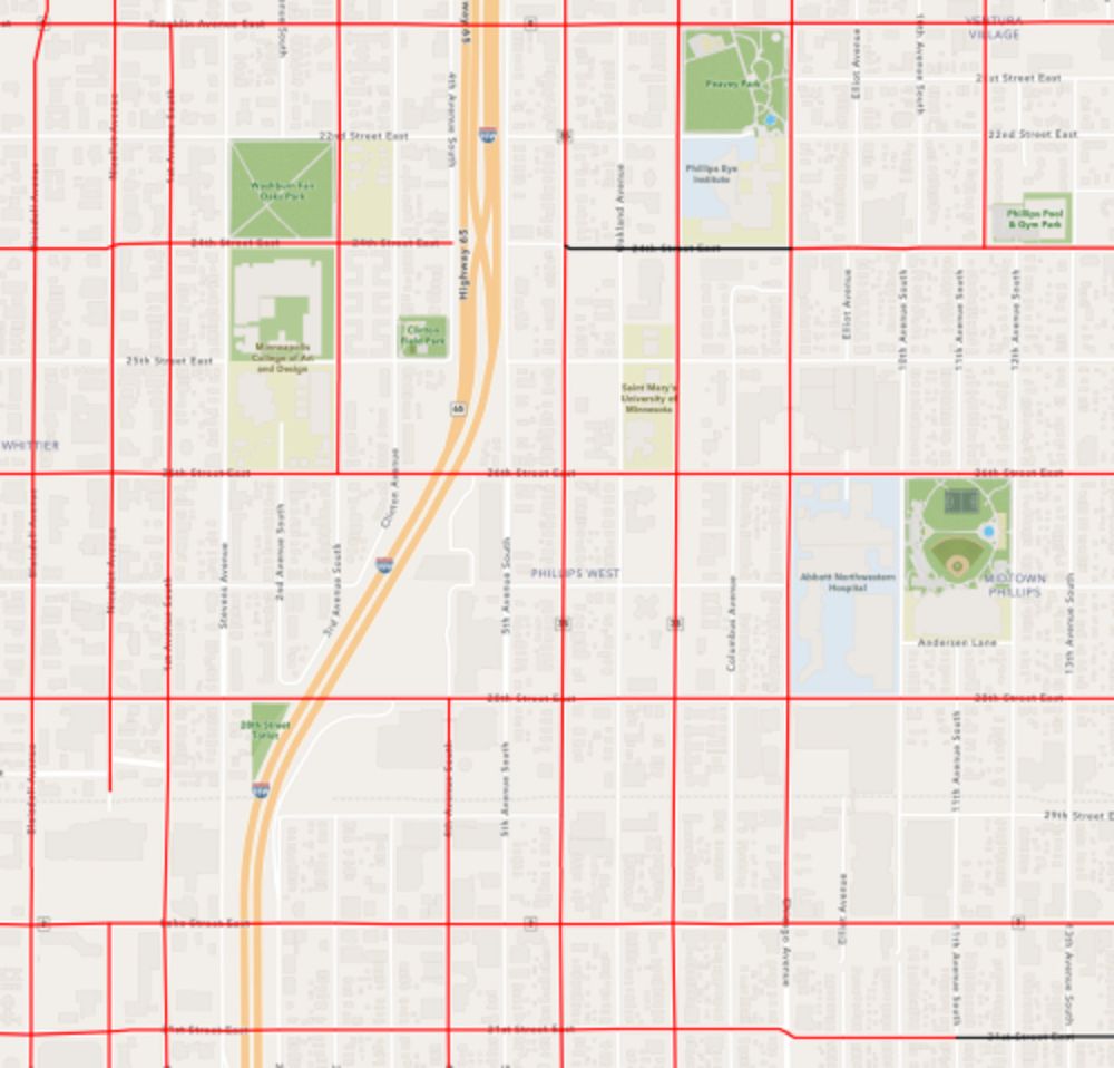 Map of a portion of South Minneapolis, with many avenues and streets highlighted in red.
