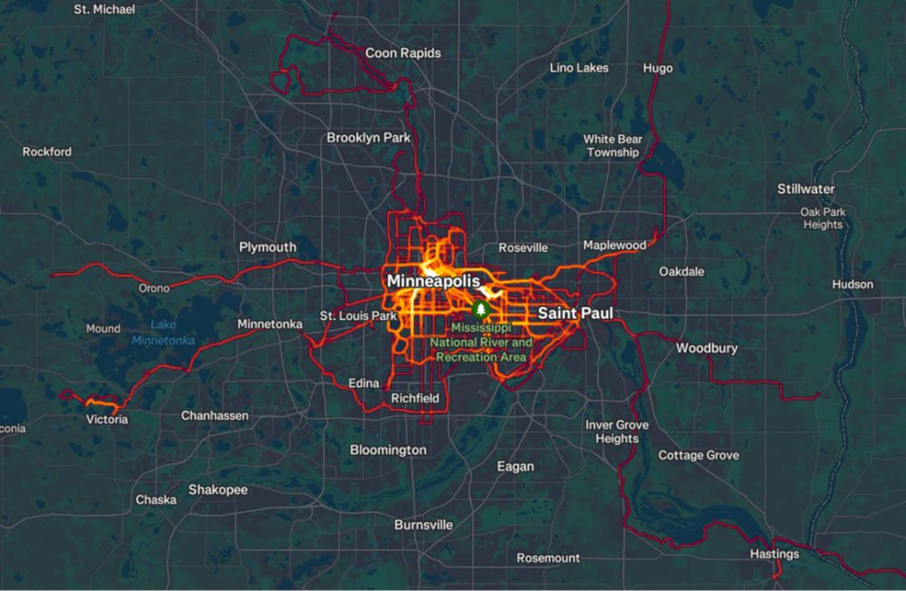 A heat map of the Minneapolis-St. Paul metro area highlighting the author's bicycle travel patterns in 2024. The major hotspot is in central Minneapolis. The highlightd sections include much of Minneapolis and Saint Paul, and some surrounding cities.