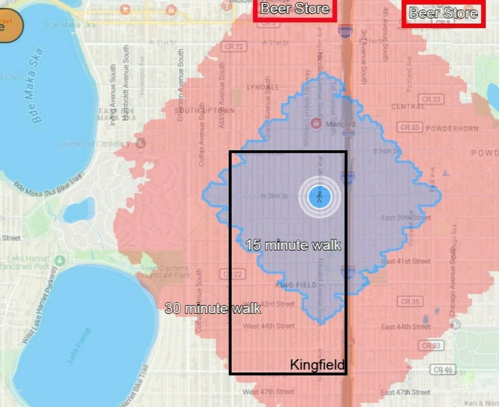 A map of kingfield. The map is centered around 38th and Nicollet and shows a blue diamond shape that indicates the walkable distance in 15 minutes and a larger overlapping red diamond shape which indicates the 30 minute walking distance. 2 Beer stores are located at the very far northern edge of the 30 minute walking shape. 