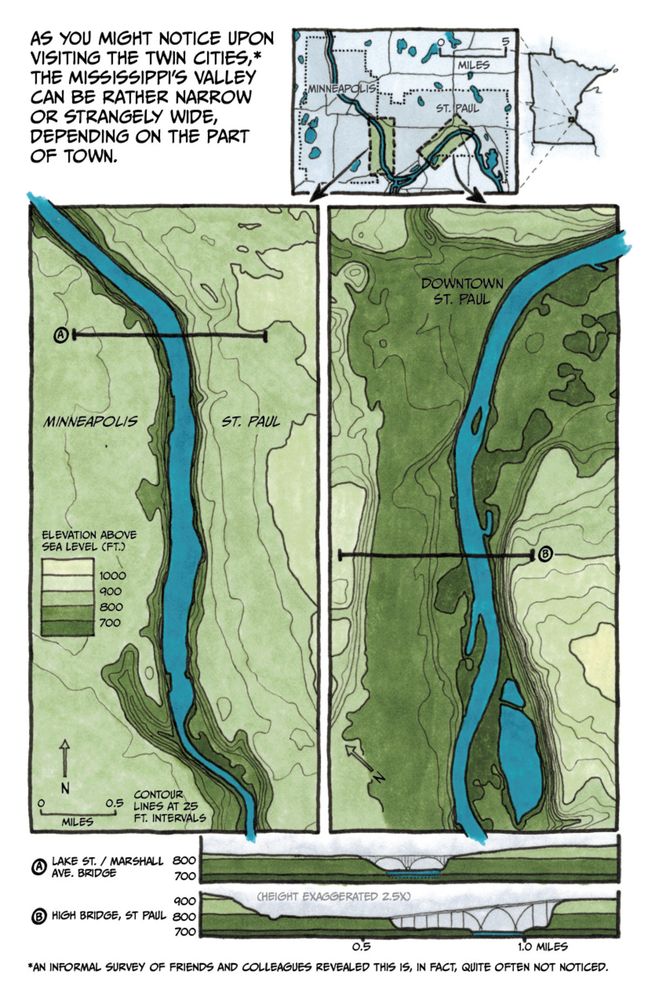 As you might notice upon visiting the Twin Cities, the Mississippi’s valley can be rather narrow or strangely wide, depending on the part of town.
(An informal survey of friends and colleagues revealed this is, in fact, quite often not noticed.)