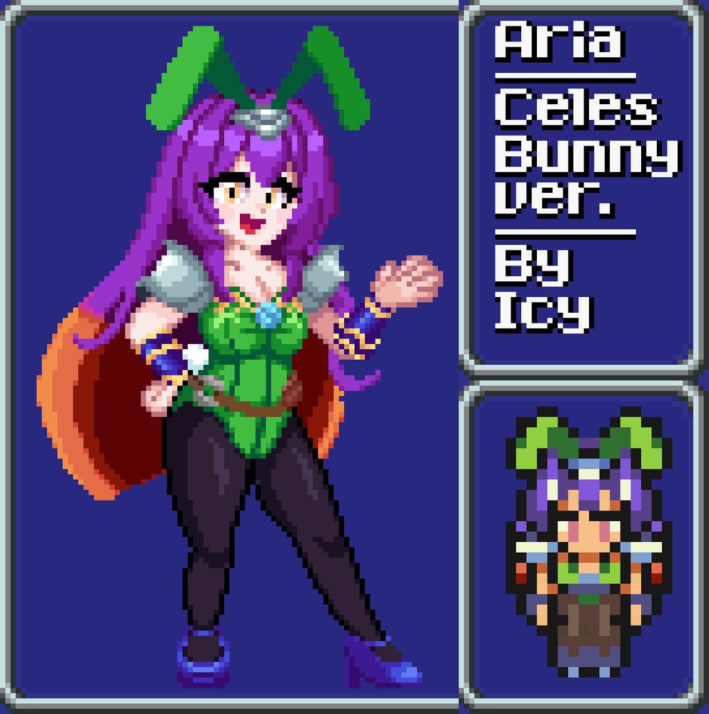 Pixel art of a Vtuber's OC wearing a playboy bunny outfit inspired by Ceres from FFVI.