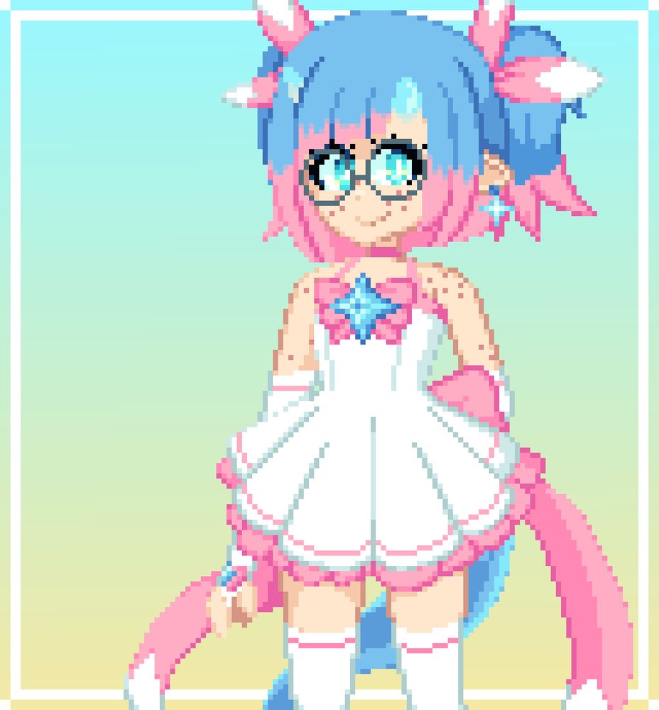 Pixel art of a half demon magical girl with blue hair with pink ends. Wearing white dress with gloves and stockings.