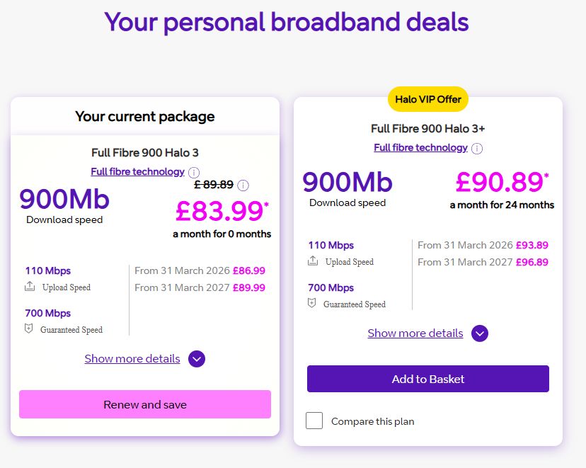 Image shows my fibre broadband provider (BT), wanting me to renew our contract (currently £83.99/mth), and increasing that cost to £90.89 for 900Mbps 'down' / 110Mbps 'upload'.