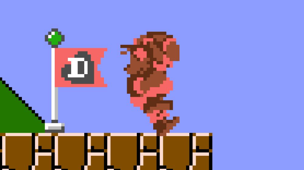 Big Dallas in the overworld, skidding to the side towards his checkpoint flag, said flag being pink with a grey heart and a white "D" (for Dallas) on it