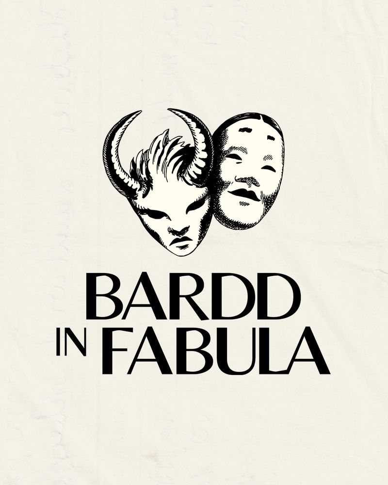 Image présentant le logo de Bardd in Fabula. On y découvre deux masques : celui d'un faune, et un autre d'une femme. Sous le logo on peut lire le nom de la maison d d'édition : Bardd in Fabula.