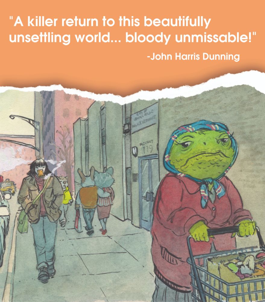 A panel from the comic with a pull quote from John Harris Dunning that says, "A killer return to this beautifully unsettling world... bloody unmissable!"