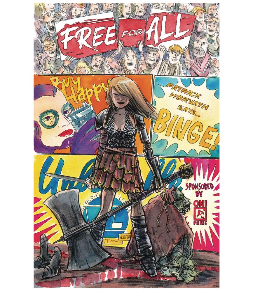 Matt Kindt's variant cover for FREE FOR ALL featuring a neo-gladiator standing, battle-weary, with her axe among a pool of blood and a bag of money.