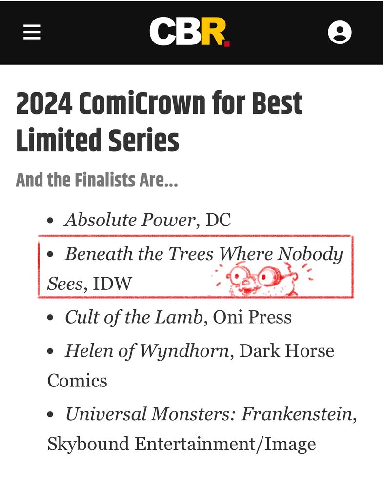 Screenshot  of CBR's finalists for the 2024 ComicCrown award for Best Llimited series, including a little doodle of Charlie looking pleasantly surprised at the nomination for Beneath the Trees Where Nobody Sees