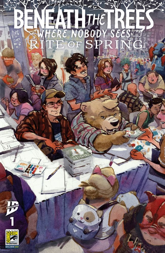 Cover for the IDW SDCC exclusive Jared Cullem variant for issue 1 of Beneath the Trees Where Nobody Sees: Rite of Spring. It features Samantha working her ass off at the con, signing copies of the book and thanking our supporters profusely while I sit next to her wondering if she's murdered anyone yet.