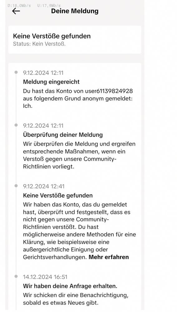 Screenshot von Tiktok mit automatisierten Antworten  zur Meldung und negatives Ergebnis.