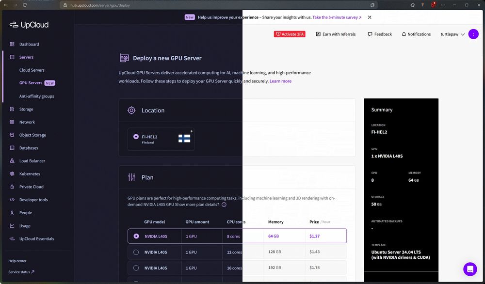 upcloud hub in catppucin on the left and normal on the right