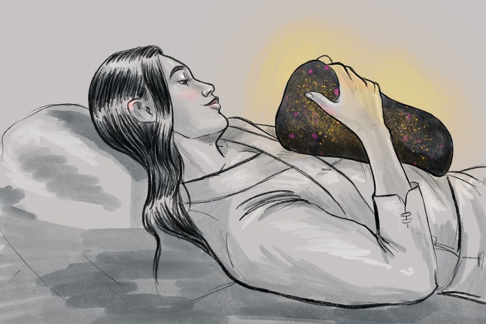 a mostly black and white digital drawing of Shen Yuan lying down with Luo Binghe in the shape of a formless black blob with pink and gold sparkles lying on his chest. Shen Yuan gazes lovingly at Blobhe while holding him to his chest