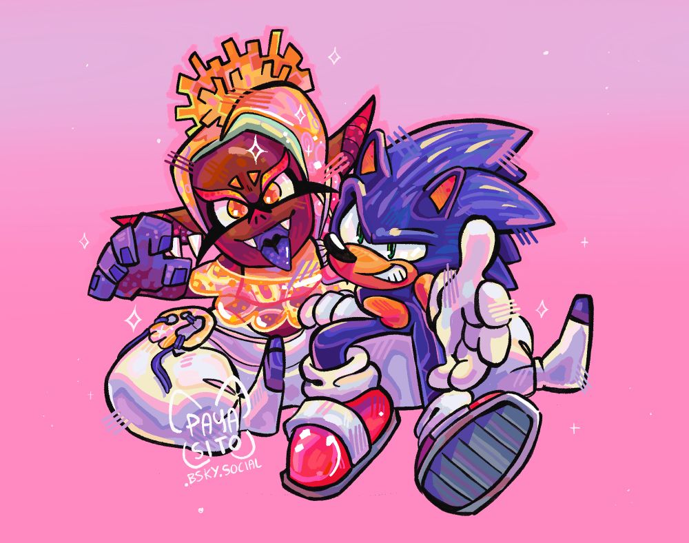 Digital art of Frye from hit game splatoon 3 and Sonic the hedgehog from hit series sonic the hedgehog, Sonic is sitting on frye’s leg and they’re both looking at the viewer’s pov, Frye striking a “menacing” pose, and Sonic extending his hand out for the viewer to grab idk!!