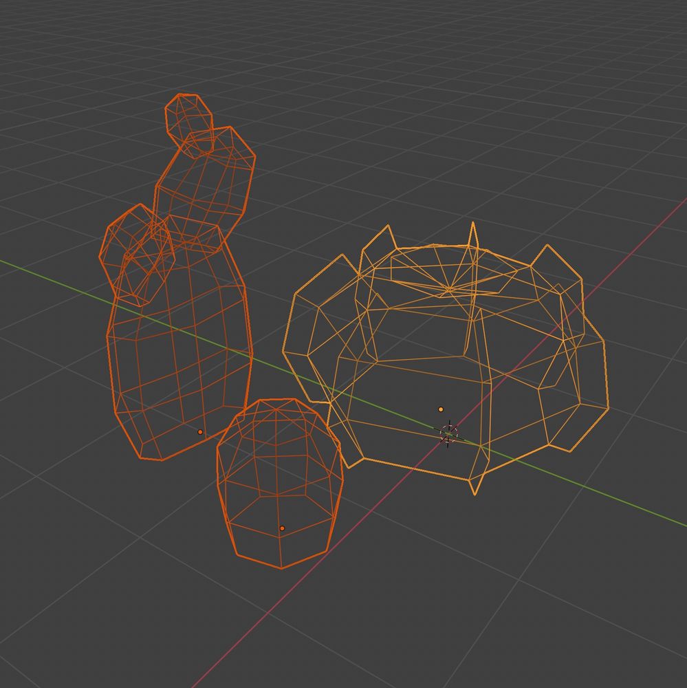 Wireframe of the same cacti. The opuntia is made from 4 discrete elements mushed into each other and the barrel cactus has flat planes extruded from it to form the spines.