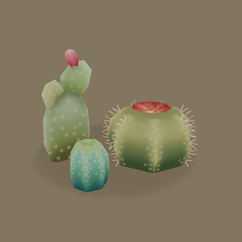 Same cacti as before, but with much higher resolution (though still small) textures. Detail on the spines & flower of the barrel cactus is much more visible.