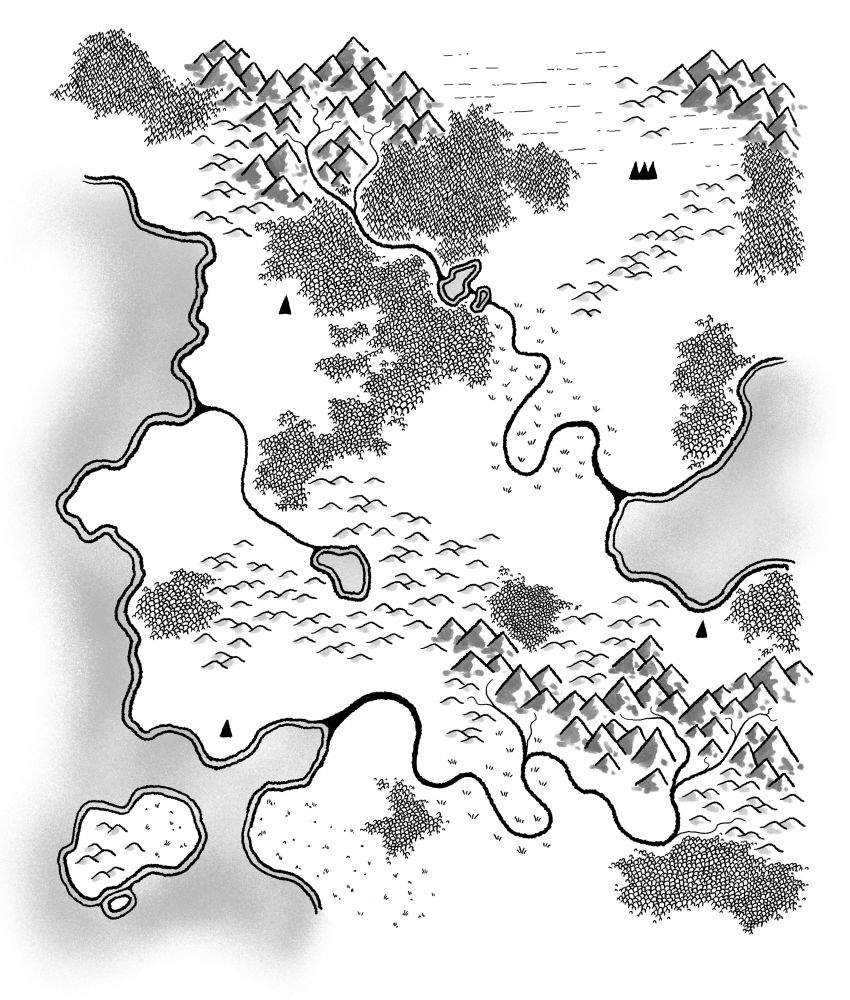 Black and white fantasy-style map. The underlying structure is a hexagonal grid, but feature boundaries are deliberately indistinct.