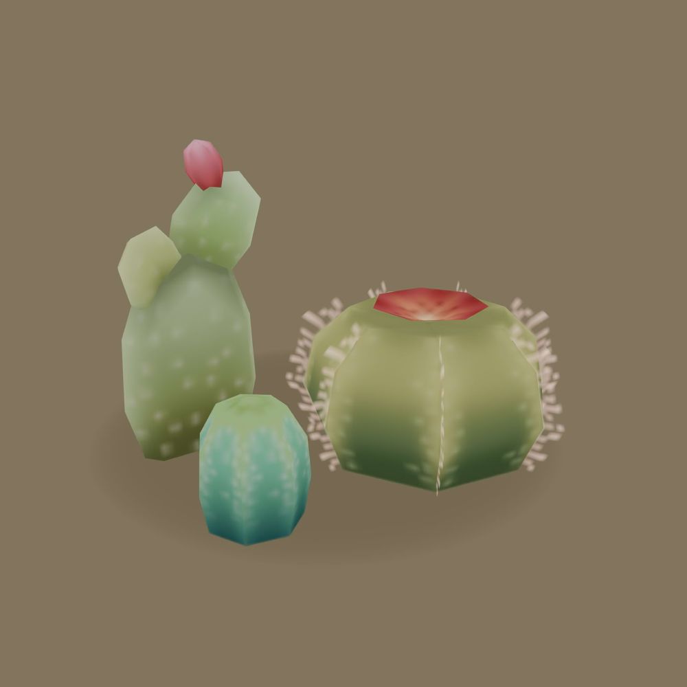 Render of three low-poly cacti (a spiny barrel cactus with a flower, a squat blueish one, and some kind of opuntia with a fruit). The textures are clean with N64-style filtering.