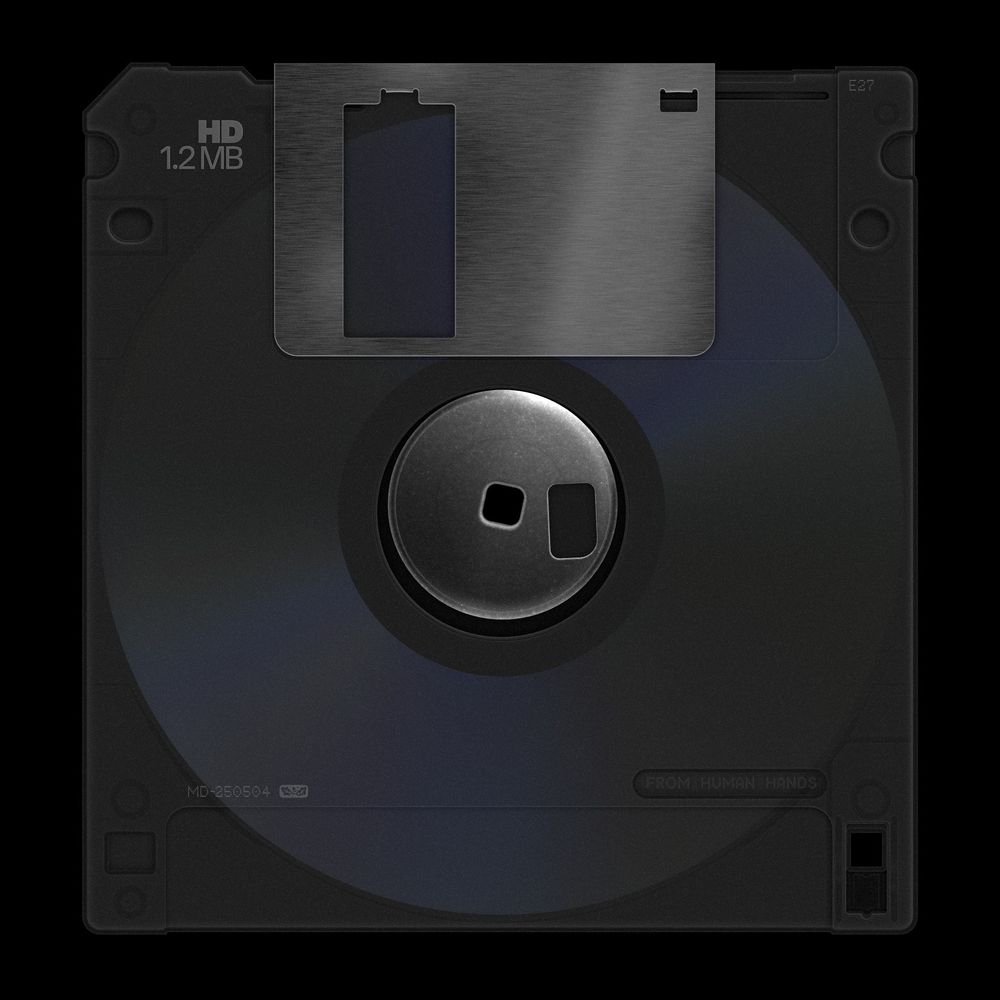 Grainy, realistic vector illustration of a 3.5in floppy disc in semi-transparent dark grey plastic. The structure of the housing and the magnetic disc are faintly visible.