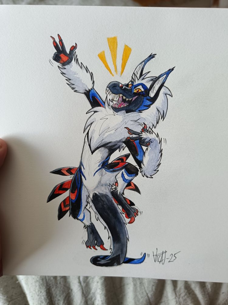 A watercolor painting of Freestylers fursona. A blue, white, black and orange raptor cat