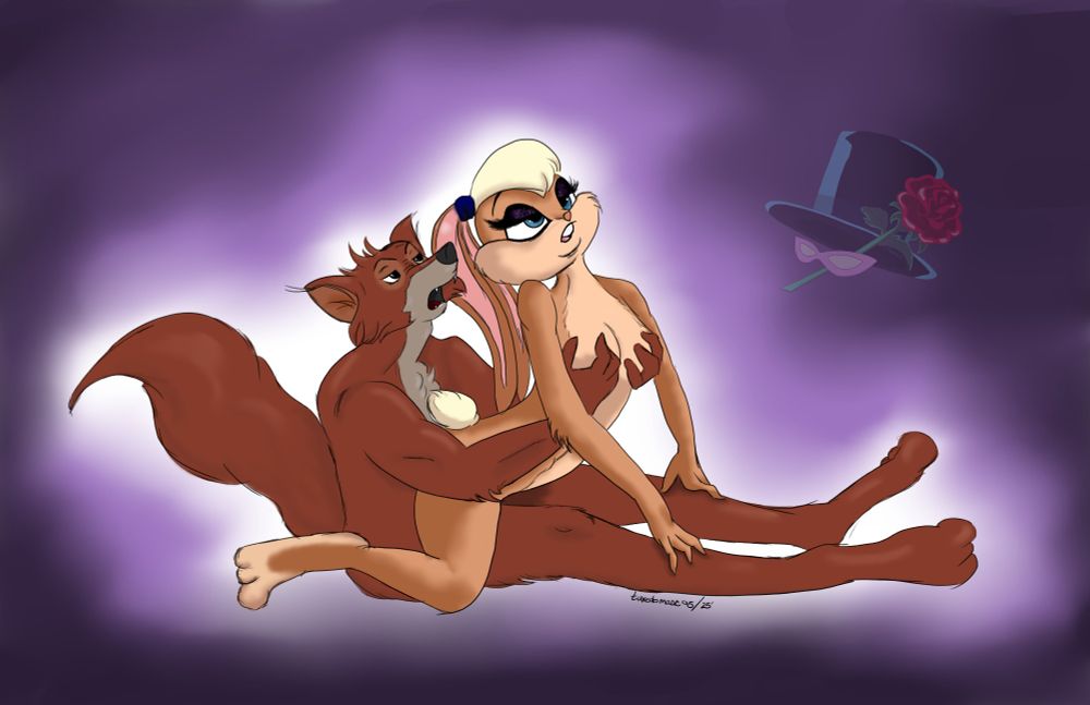 a furry sex scene. There is a man fox sitting with his legs straight out. In his lap is a bunny sitting on him reverse cowgirl style with her hands on his shins. He is reaching through under her arms and squeezing her breasts. Both have their mouths open. The bunny has light blonde hair with dark purple make up on her eyes.