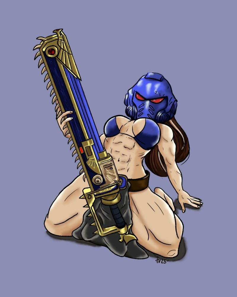 a very muscular woman on her knees leaning back on her left hand. In her right hand she's holding a blue and gold chainsaw sword. She's clad in a brown belt with a grey lion cloth and a blue bikini top. on her head is a blue space marine helmet. It's very heretical. 