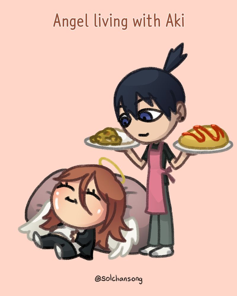Angel is smiling, belly full, and leaning on a big pillow. Aki is holding two plates of food.