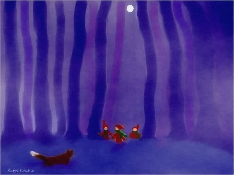 Kolme tonttua kohtaa metsässä ketun. Tunnelma utuinen. On myös täysikuu. 