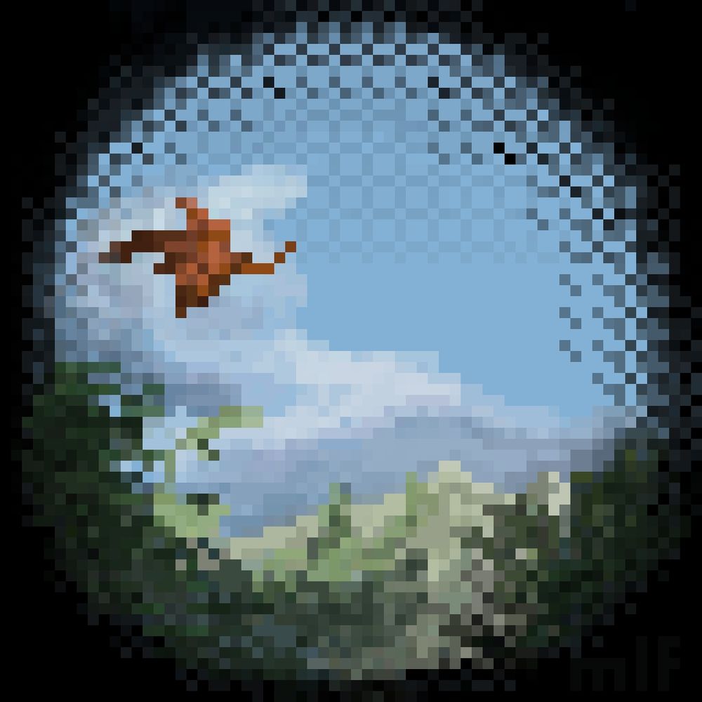 Pixel art of a blurry dragon circling a landscape through a telescope 