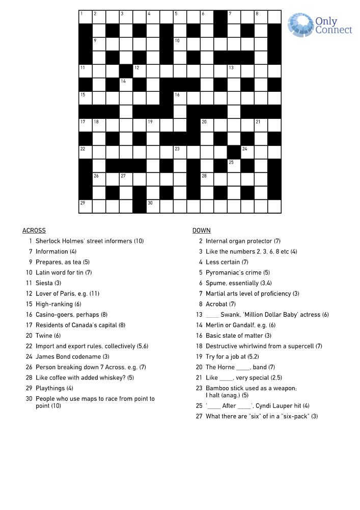 Quick Crossword
ACROSS
1 Sherlock Holmes' street informers (10)
7 Information (4)
9 Prepares, as tea (5)
10 Latin word for tin (7)
11 Siesta (3)
12 Lover of Paris, e.g. (11)
15 High-ranking (6)
16 Casino-goers, perhaps (8)
17 Residents of Canada's capital (8)
20 Twine (6)
22 Import and export rules, collectively (5,6)
24 James Bond codename (3)
26 Person breaking down 7 Across, e.g. (7)
28 Like coffee with added whiskey? (5)
29 Playthings (4)
30 People who use maps to race from point to
point (10)
DOWN
2 Internal organ protector (7)
3 Like the numbers 2, 3, 6, 8 etc (4)
4 Less certain (7)
5 Pyromaniac's crime (5)
6 Spume, essentially (3,4)
7 Martial arts level of proficiency (3)
8 Acrobat (7)
13 ____ Swank, 'Million Dollar Baby' actress (6)
14 Merlin or Gandalf, e.g. (6)
16 Basic state of matter (3)
18 Destructive whirlwind from a supercell (7)
19 Try for a job at (5,2)
20 The Horne ____, band (7)
21 Like ____, very special (2,5)
23 Bamboo stick used as a weapon;
I halt (anag.) (5)
25 '____ After ____', Cyndi Lauper hit (4)
27 What there are "six" of in a "six-pack" (3)